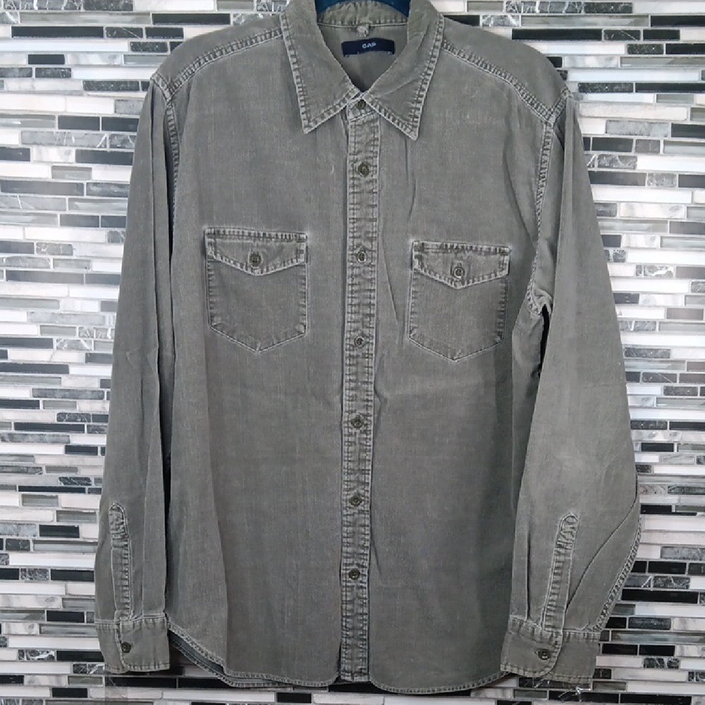 GAP Men's Casual Olive Gray Button-Down Shirt L Grunge Streetwear Y2k Corduroy